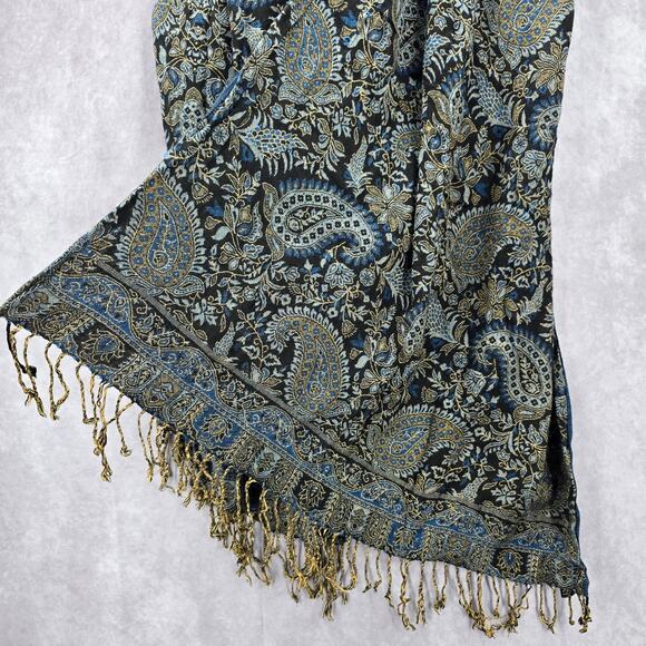SJ Collection Blue Floral Pashmina Fringe Floral Long Shawl Scarves Wrap Scarf - Picture 4 of 7